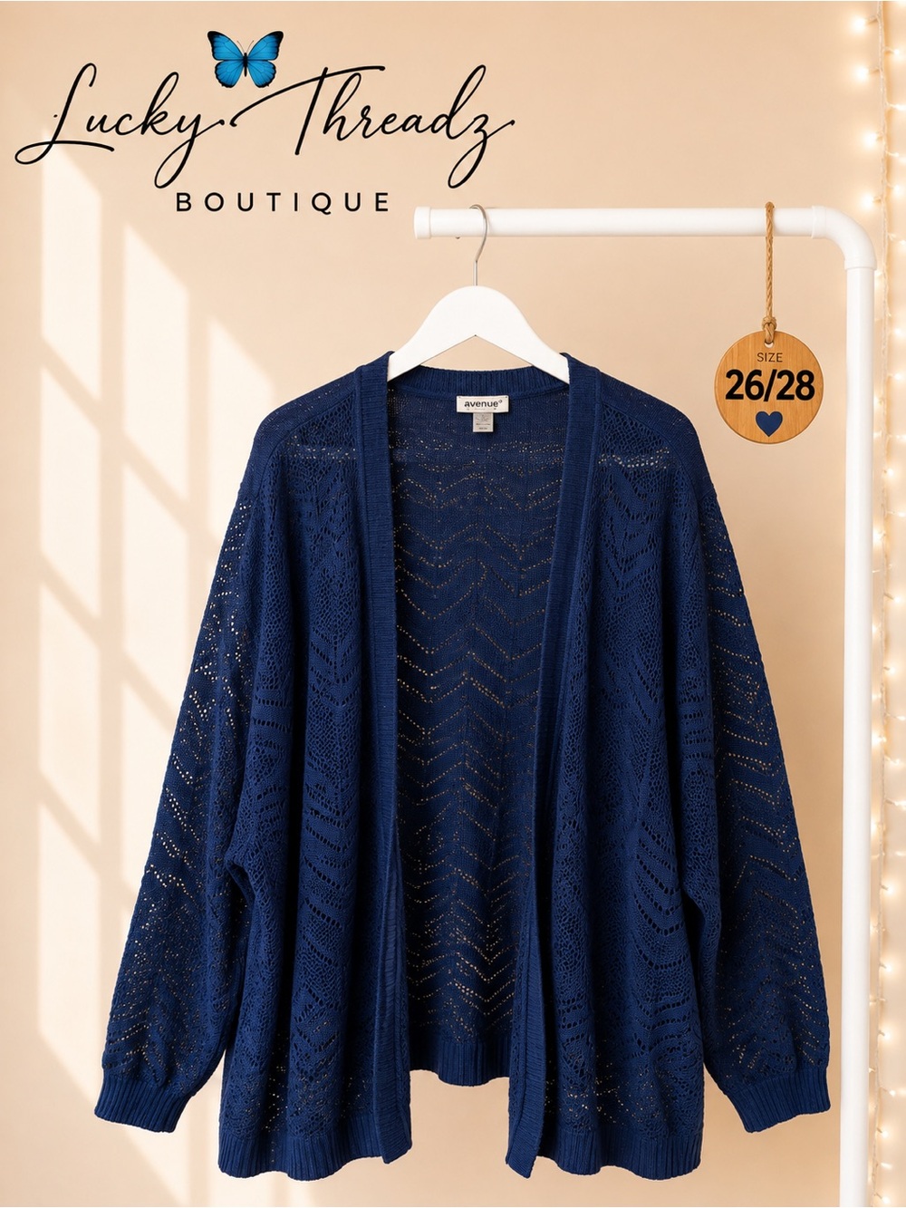 Navy Blue Open Front Crochet Pointelle Knit Cardigan Sweater 26/28 3X